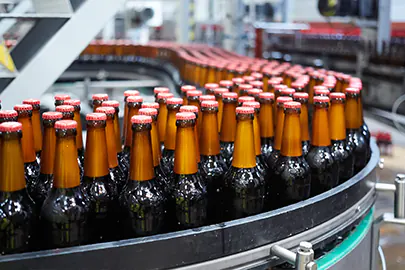 Automatisierte Abfüllanlage mit braunen Glasflaschen, für die über eine Dresdner Zeitarbeitsfirma Produktionshelfer und Maschinenbediener vermittelt werden.