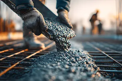 Bauarbeiter gießt frischen Beton über ein Stahlgitter auf einer Baustelle bei Sonnenuntergang.
